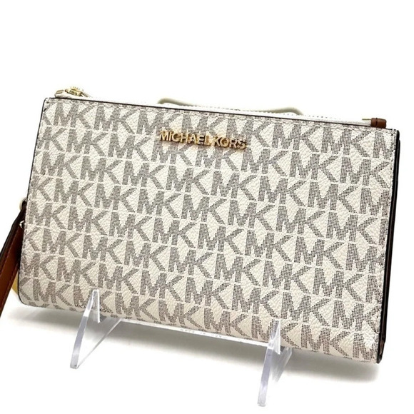Michael Kors Double Zip Wallet Wristlet Vanilla Leather - Picture 1 of 7